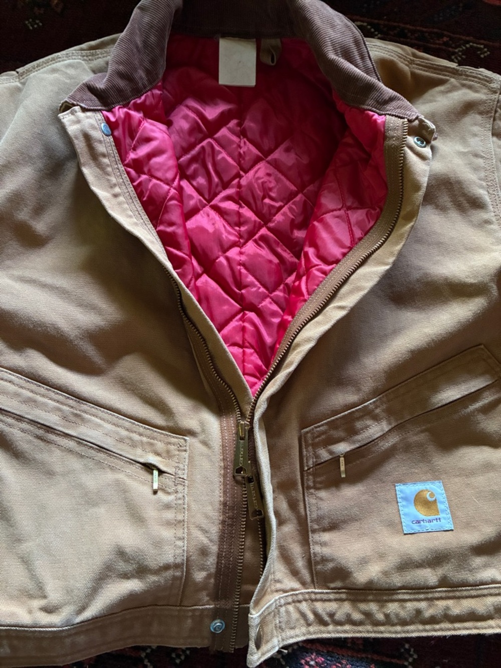 Men's Heavy-Duty Cropped Carhartt Tan Work Jacket with Quilted Red Lining